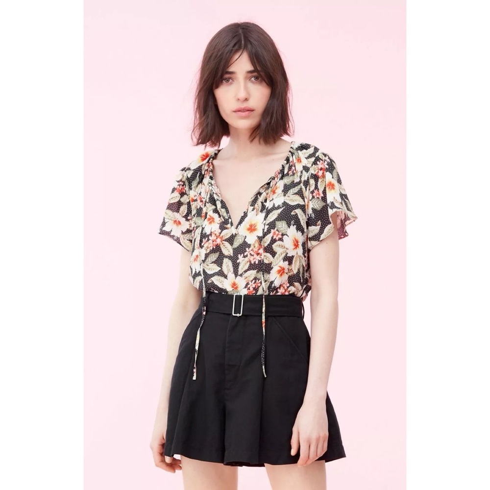 Rebecca Taylor Kamea Silk Tropical Floral Short Sleeve V-Neck Tassel Top Black